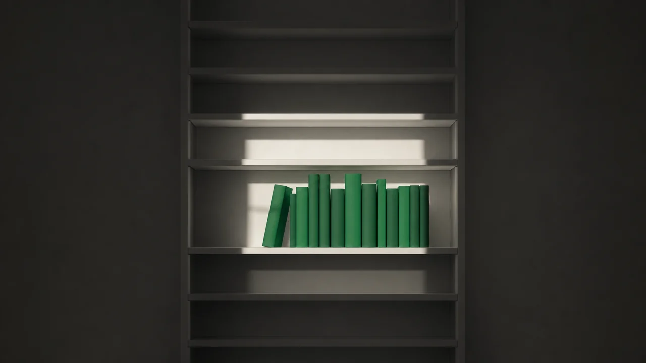 Yalnızca ışıklı pencere içindeki rafları dolu uzun kitaplık